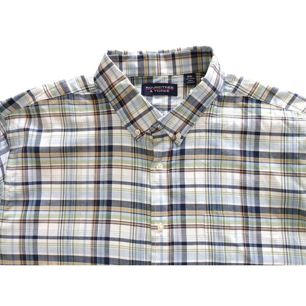 Rountree & Yorke Blue & Green Plaid Button-Down Long Sleeve Shirt Men's Size 2XL